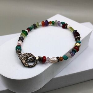 Sterling silver 925 colorful gemstones pearls coral beads boho fine bracelelt.